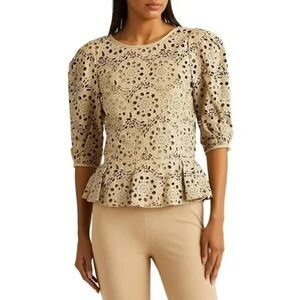 LAUREN RALPH LAUREN Lambskin Leather Laser Cut Peplum Top, Size 12, NWT